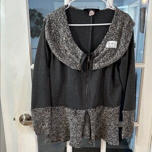 Q9.    Gray and Black Zip-Up Cardigan
